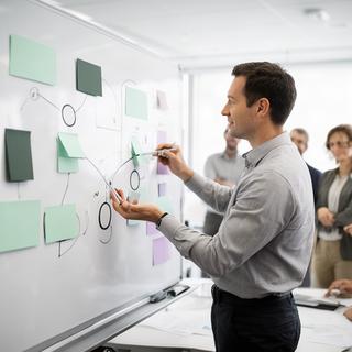 Consultant maakt een strategische routekaart op een whiteboard tijdens een teamsessie