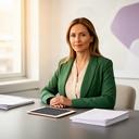 Sanne Janssen in een vergaderruimte met financiële rapporten